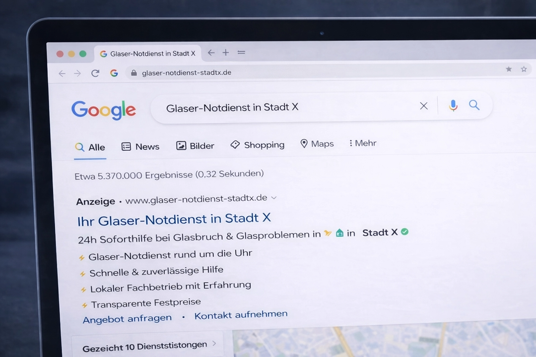 Local SEO für 'Glaser [Stadt]' und 'Glasbruch Notdienst'