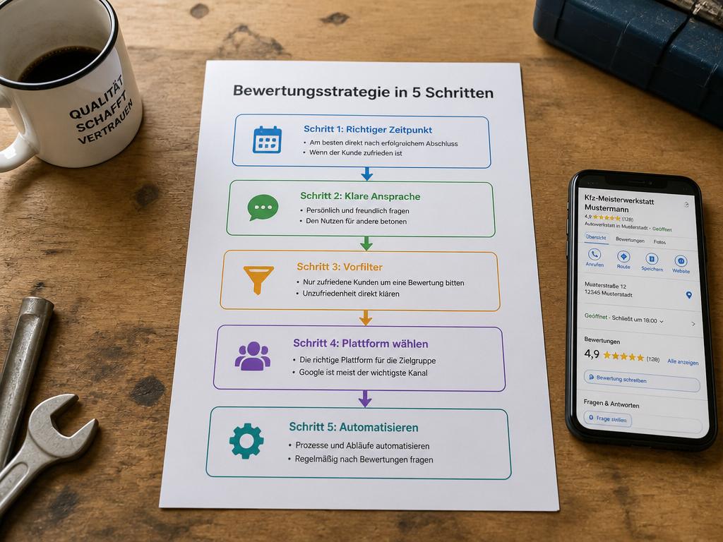 Flowchart der Bewertungsstrategie in 5 Schritten für mehr positive Kundenbewertungen