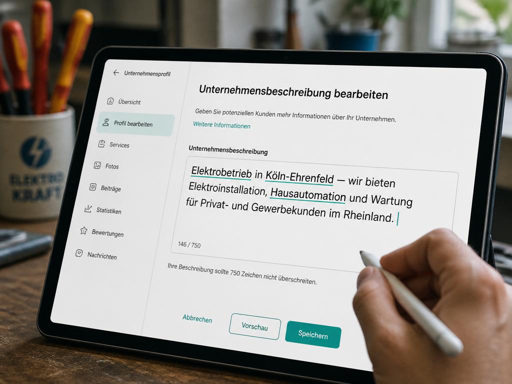 Tablet mit Beschreibungs-Editor und drei hervorgehobenen Keywords im Google Business Profil