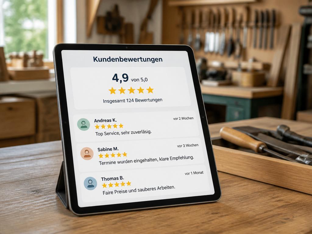 Tablet mit Kundenbewertungs-Dashboard und deutschen 5-Sterne-Bewertungen für einen Handwerksbetrieb