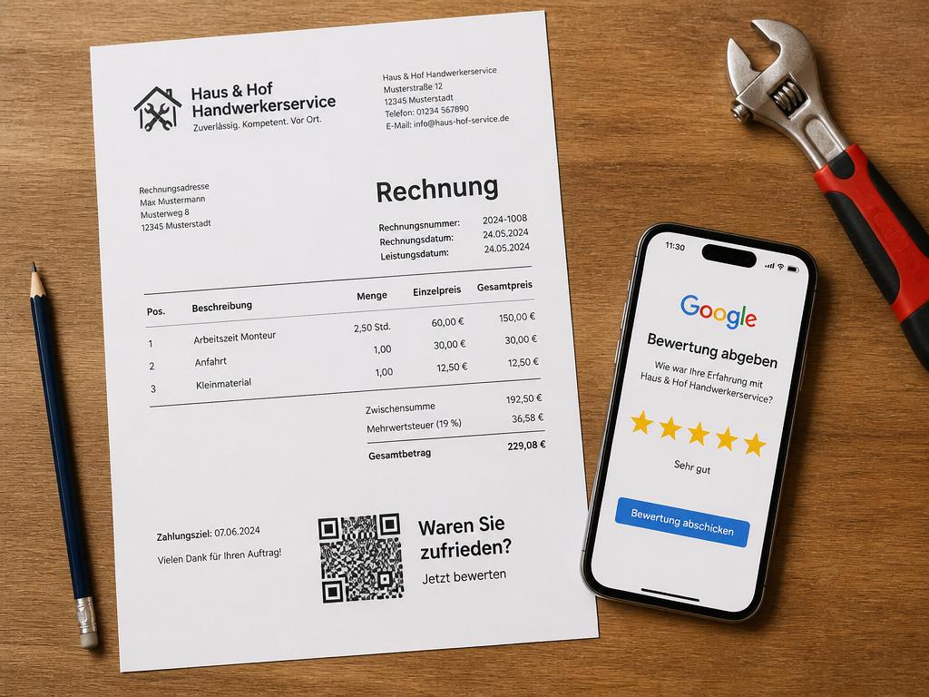 Handwerker-Rechnung auf Holztisch mit QR-Code und Text Waren Sie zufrieden Jetzt bewerten