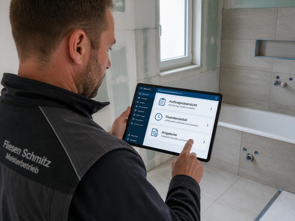 Fliesenleger auf Baustelle nutzt Tablet mit Handwerker-Software: Auftragsübersicht, Stundenzettel und Angebote auf einen Blick