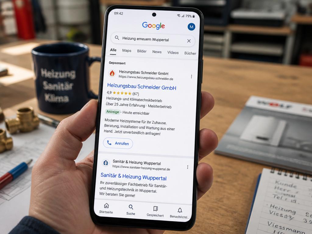 Smartphone mit Google-Anzeige Heizung erneuern Wuppertal, 4,9 Sterne und Anrufen-Button