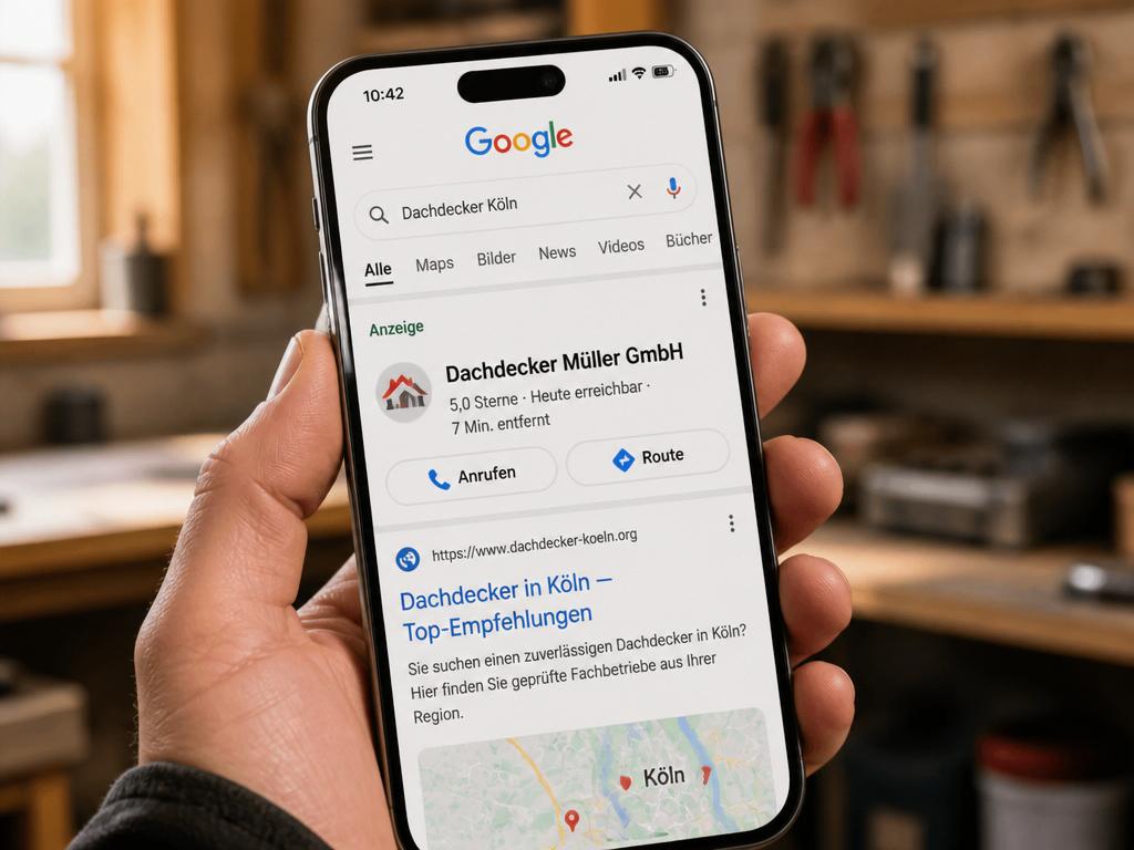 Smartphone zeigt Google-Suchergebnis für Dachdecker Köln mit gesponserter Anzeige eines Handwerksbetriebs