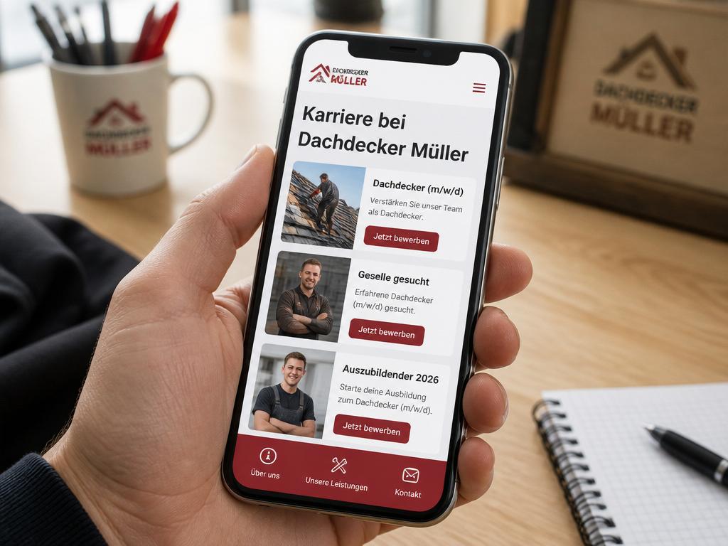 Mobile Karriereseite eines Dachdecker-Betriebs mit drei offenen Stellen und Bewerben-Button