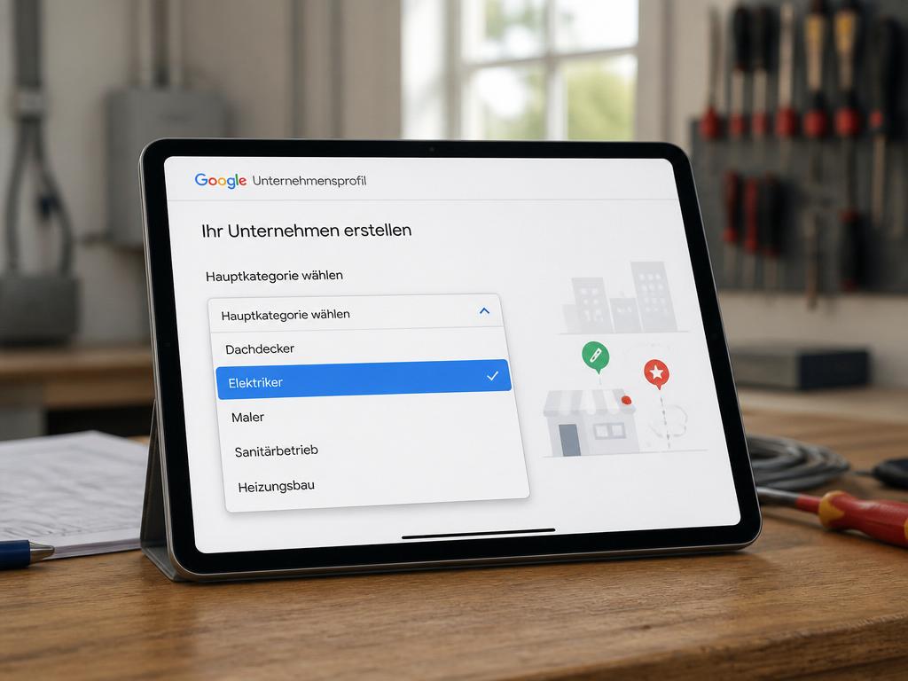 Tablet mit Dropdown zur Auswahl der Hauptkategorie für Handwerker im Google Business Profil