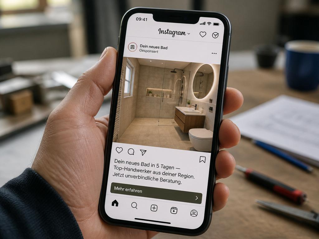 Instagram-Feed mit gesponserter Anzeige für Badrenovierung und Mehr-erfahren-Button