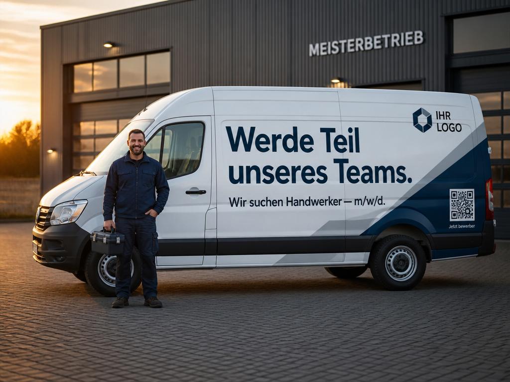 Folierter Transporter mit Aufschrift Werde Teil unseres Teams als Recruiting-Werkzeug für Handwerksbetriebe