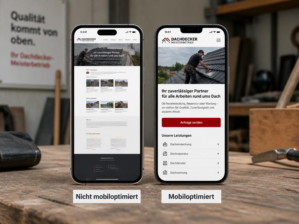 Vergleich zweier Smartphones mit Dachdecker-Website: links nicht mobiloptimiert, rechts mobiloptimiert