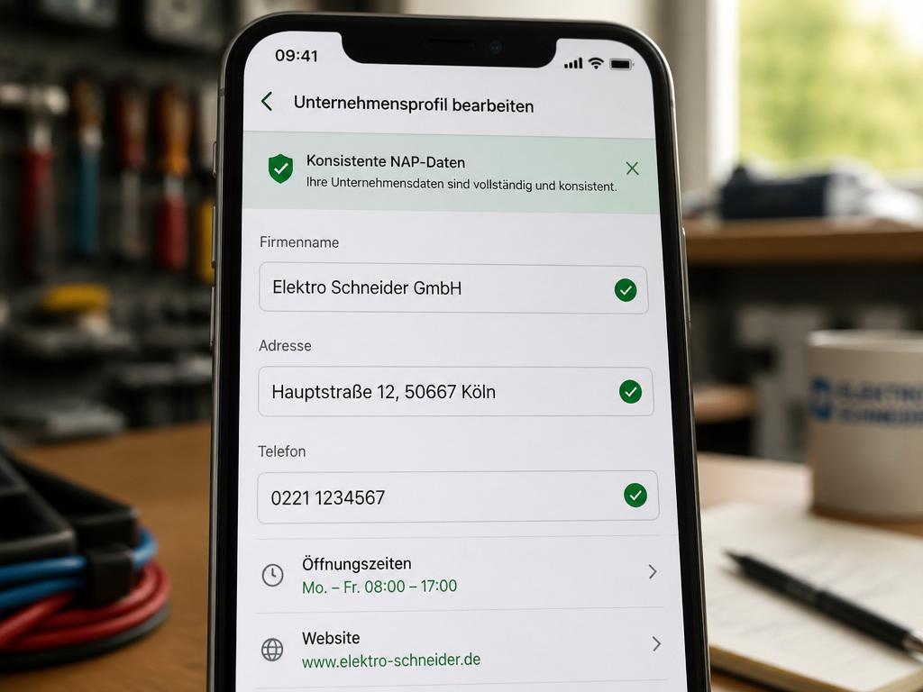 Smartphone mit konsistenten NAP-Daten Firmenname Adresse und Telefonnummer im Google Business Profil