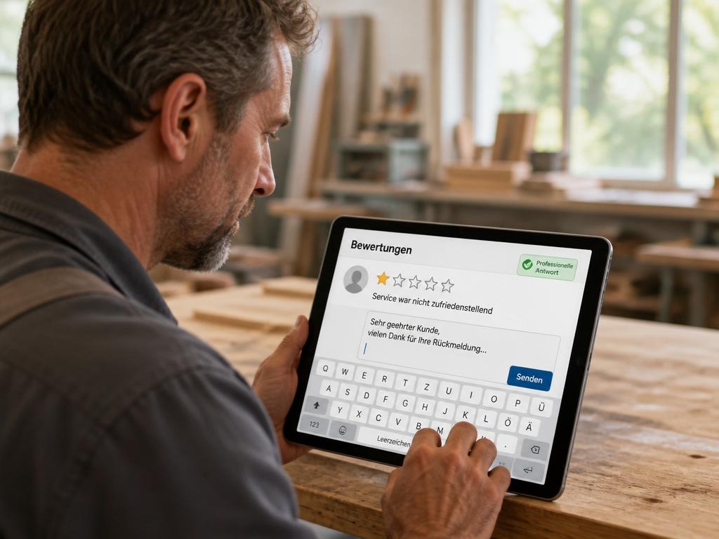 Tablet mit professioneller deutscher Antwort auf eine negative Kundenbewertung