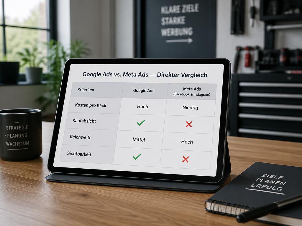Tablet mit Vergleichstabelle Google Ads gegen Meta Ads mit deutschen Bewertungs-Spalten