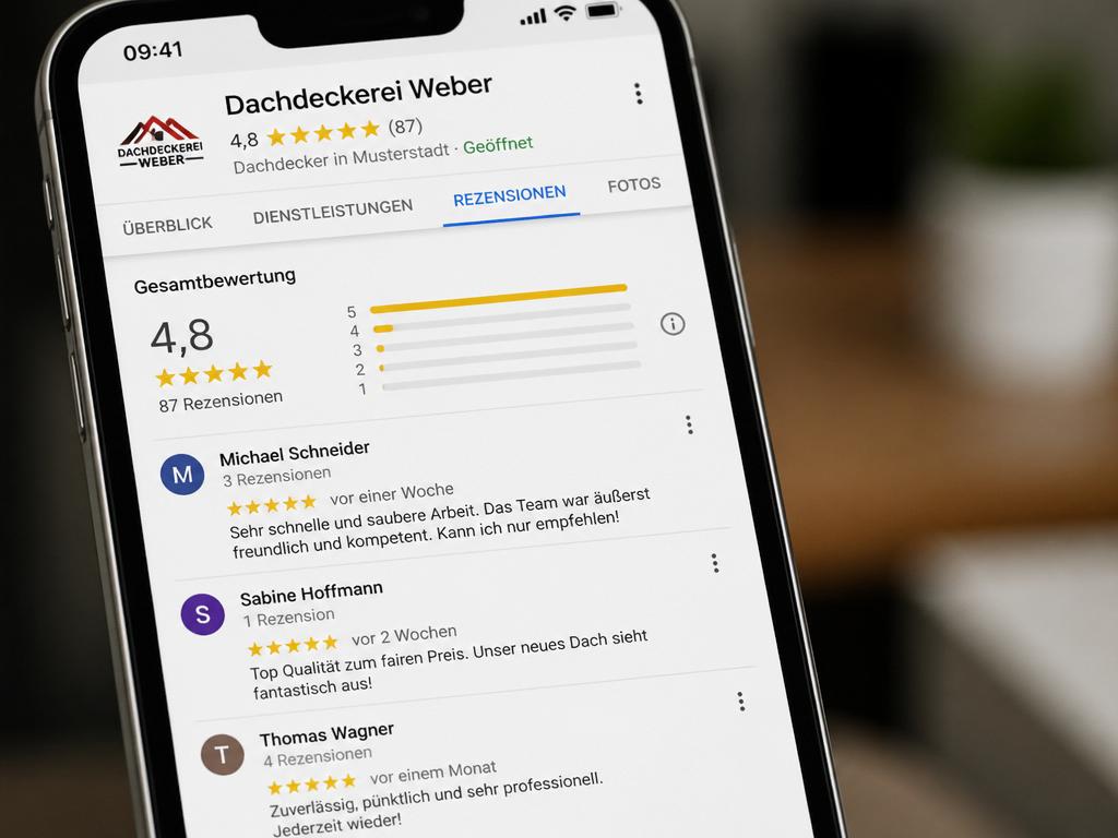 Google-Bewertungen auf dem Smartphone – Vertrauenssignal für Handwerkerbetriebe