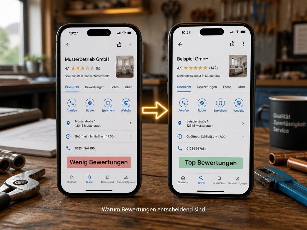 Vergleich zweier Google-Profile: links wenige Bewertungen, rechts Top-Bewertungen mit 4,9 Sternen