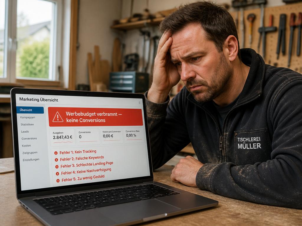 Marketing-Dashboard mit roter Warnung Werbebudget verbrannt und fünf Fehler-Hinweisen